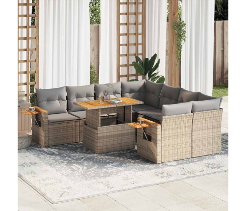 Set sofás jardín y cojines 9 pzas ratán sintético acacia beige