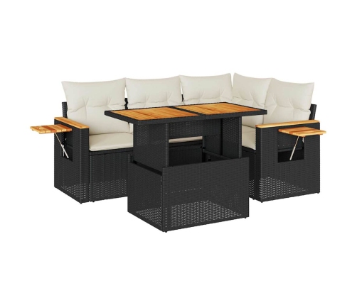 Set sofás jardín y cojines 5 pzas ratán sintético acacia negro