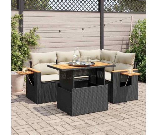 Set sofás jardín y cojines 5 pzas ratán sintético acacia negro