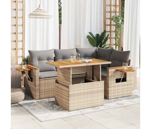Set sofás jardín y cojines 5 pzas ratán sintético acacia beige
