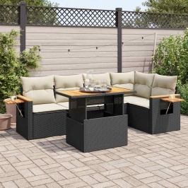 Set sofás jardín y cojines 6 pzas ratán sintético acacia negro