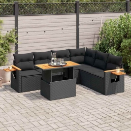Set sofás jardín y cojines 7 pzas ratán sintético acacia negro