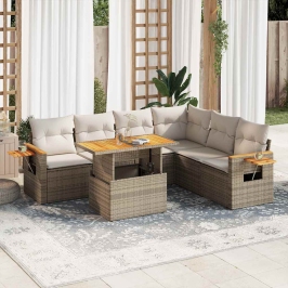 Set sofás jardín y cojines 7 pzas ratán sintético acacia beige