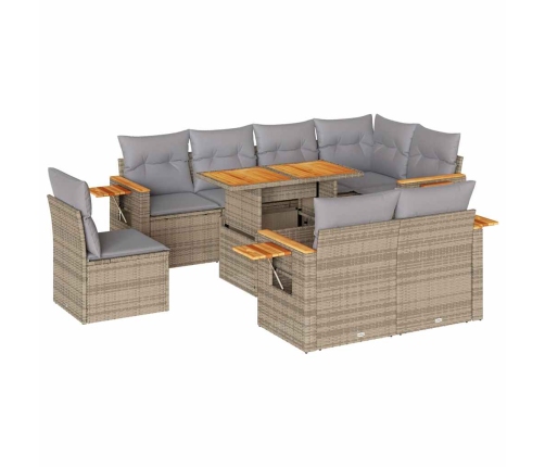 Set sofás jardín y cojines 9 pzas ratán sintético acacia beige