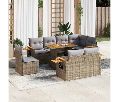 Set sofás jardín y cojines 9 pzas ratán sintético acacia beige