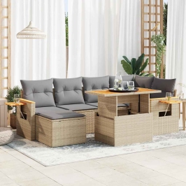 Set sofás jardín y cojines 7 pzas ratán sintético acacia beige
