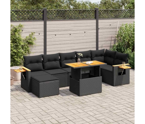 Set sofás jardín y cojines 8 pzas ratán sintético acacia negro