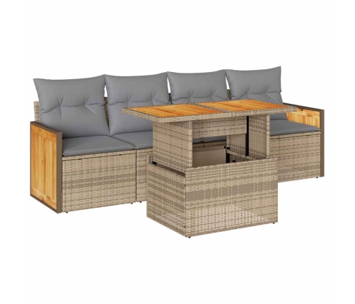 Set sofás jardín y cojines 5 pzas ratán sintético acacia beige