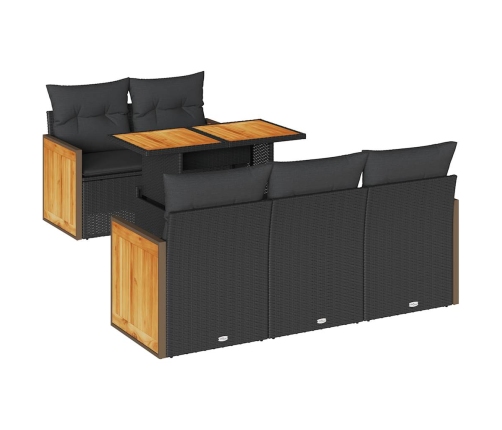 Set sofás jardín y cojines 6 pzas ratán sintético acacia negro
