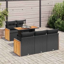 Set sofás jardín y cojines 6 pzas ratán sintético acacia negro