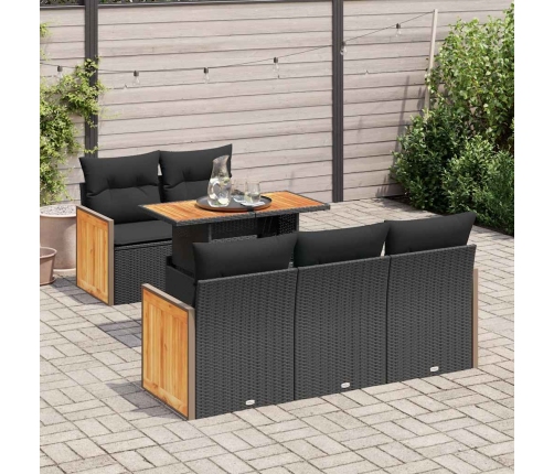 Set sofás jardín y cojines 6 pzas ratán sintético acacia negro