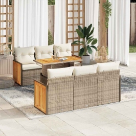 Set sofás jardín y cojines 7 pzas ratán sintético acacia beige