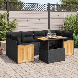 Set sofás jardín y cojines 7 pzas ratán sintético acacia negro