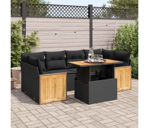Set sofás jardín y cojines 7 pzas ratán sintético acacia negro