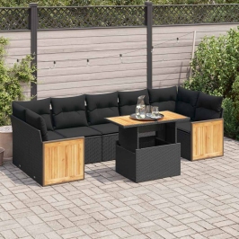Set sofás jardín y cojines 8 pzas ratán sintético acacia negro