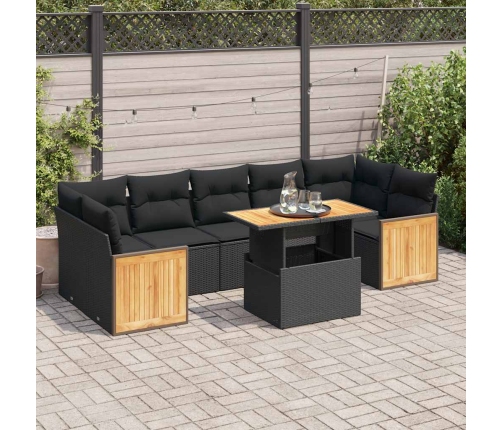 Set sofás jardín y cojines 8 pzas ratán sintético acacia negro