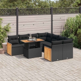 Set sofás jardín y cojines 9 pzas ratán sintético acacia negro