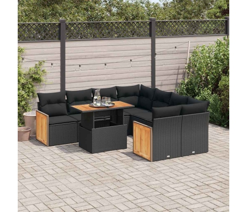 Set sofás jardín y cojines 9 pzas ratán sintético acacia negro