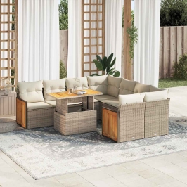 Set sofás jardín y cojines 9 pzas ratán sintético acacia beige