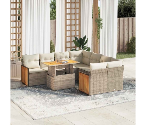 Set sofás jardín y cojines 9 pzas ratán sintético acacia beige