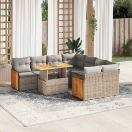 Set sofás jardín y cojines 9 pzas ratán sintético acacia beige