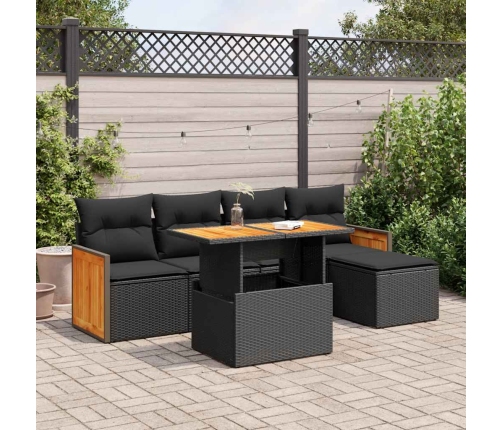 Set sofás jardín y cojines 6 pzas ratán sintético acacia negro