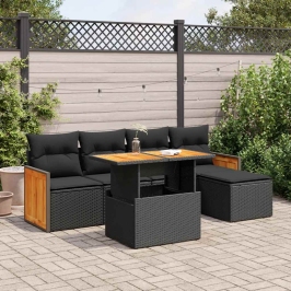 Set sofás jardín y cojines 6 pzas ratán sintético acacia negro