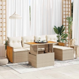 Set sofás jardín y cojines 6 pzas ratán sintético acacia beige