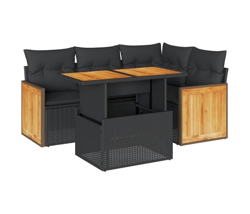 Set sofás jardín y cojines 5 pzas ratán sintético acacia negro