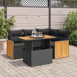 Set sofás jardín y cojines 5 pzas ratán sintético acacia negro