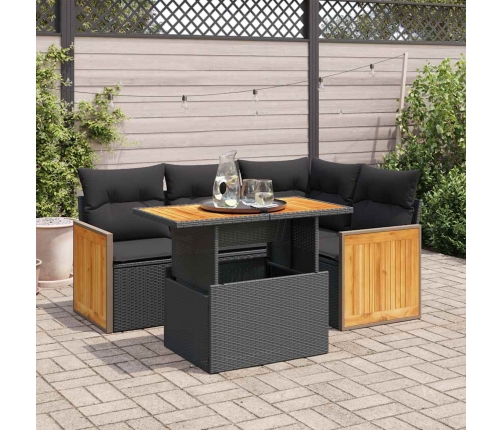 Set sofás jardín y cojines 5 pzas ratán sintético acacia negro