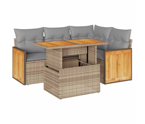 Set sofás jardín y cojines 5 pzas ratán sintético acacia beige