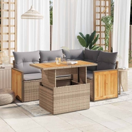 Set sofás jardín y cojines 5 pzas ratán sintético acacia beige