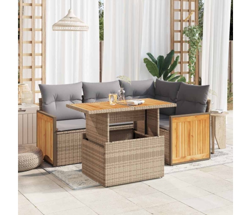 Set sofás jardín y cojines 5 pzas ratán sintético acacia beige