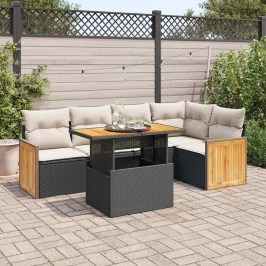 Set sofás jardín y cojines 6 pzas ratán sintético acacia negro