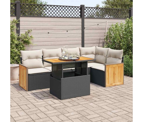 Set sofás jardín y cojines 6 pzas ratán sintético acacia negro