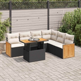 Set sofás jardín y cojines 7 pzas ratán sintético acacia negro