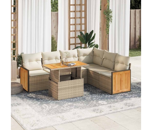 Set sofás jardín y cojines 7 pzas ratán sintético acacia beige