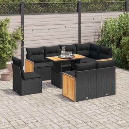 Set sofás jardín y cojines 9 pzas ratán sintético acacia negro