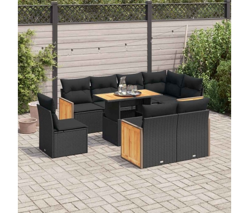 Set sofás jardín y cojines 9 pzas ratán sintético acacia negro