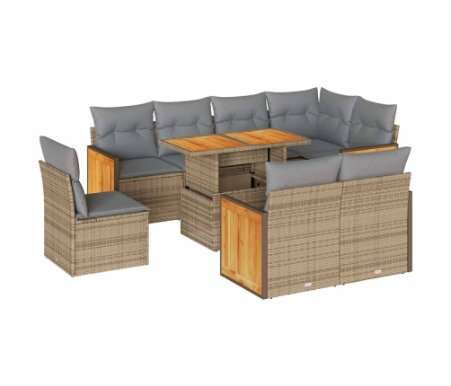 Set sofás jardín y cojines 9 pzas ratán sintético acacia beige