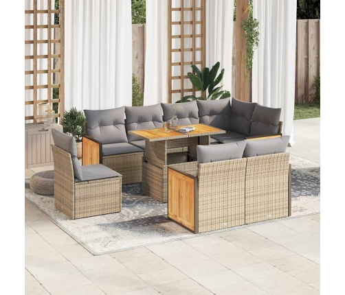 Set sofás jardín y cojines 9 pzas ratán sintético acacia beige