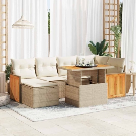 Set sofás jardín y cojines 7 pzas ratán sintético acacia beige