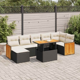 Set sofás jardín y cojines 8 pzas ratán sintético acacia negro