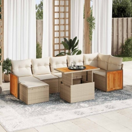 Set sofás jardín y cojines 8 pzas ratán sintético acacia beige