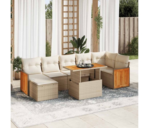 Set sofás jardín y cojines 8 pzas ratán sintético acacia beige