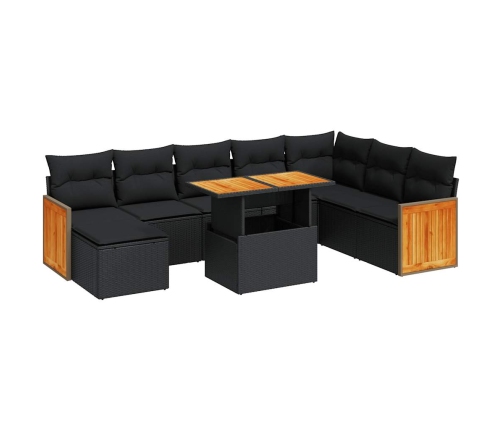 Set sofás jardín y cojines 9 pzas ratán sintético acacia negro
