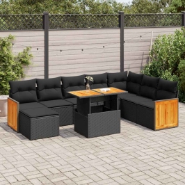 Set sofás jardín y cojines 9 pzas ratán sintético acacia negro