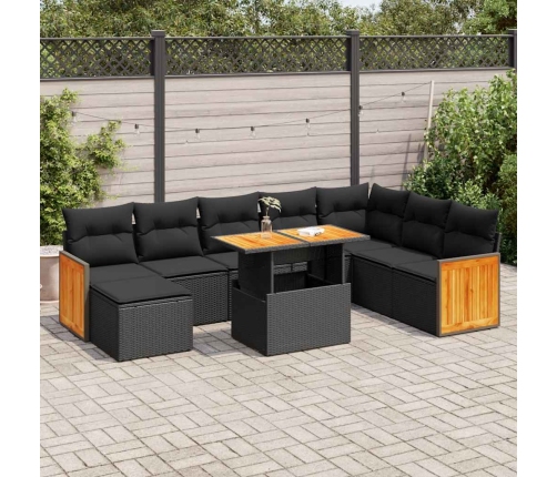 Set sofás jardín y cojines 9 pzas ratán sintético acacia negro