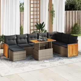 Set sofás jardín y cojines 9 pzas ratán sintético acacia gris